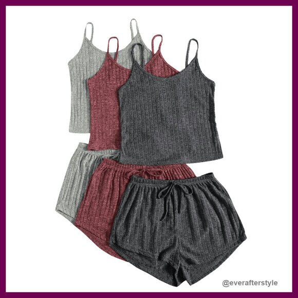 Ribbed Pajama Set Sleeveless Crop Top Tie Front Shorts Lounge Sleepwear